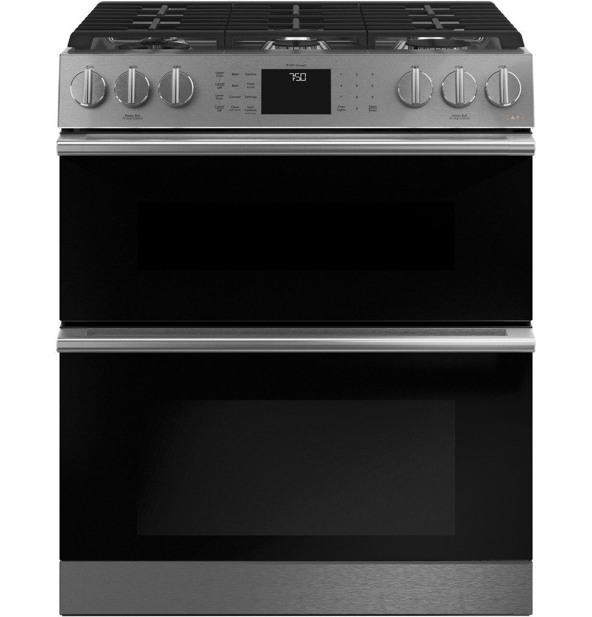 Café™ 30" Smart Slide-In, Front-Control, Gas Double-Oven Range with Convection in Platinum Glass