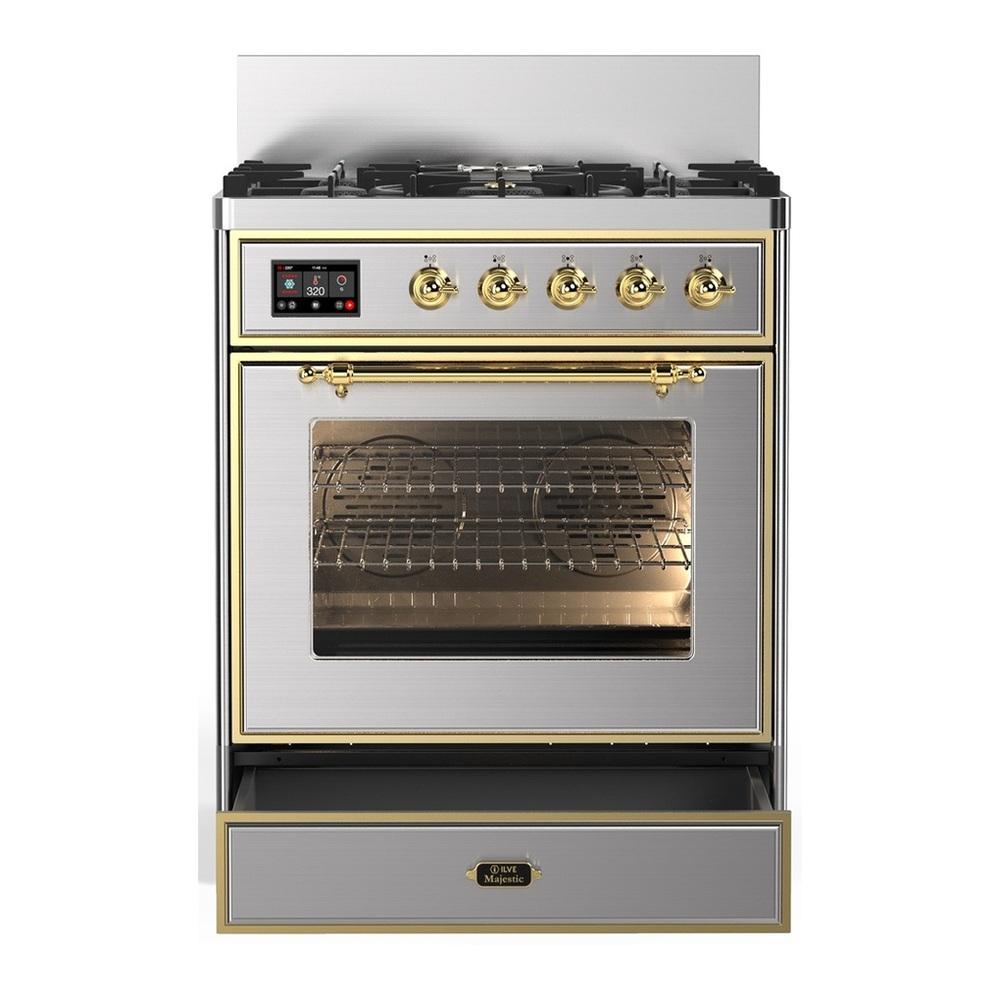 ILVE UM30NR3SSG Majestic III 30 inch Dual Fuel Range with 5 Black Brass Burners, Dual Function Burner up to 25,000 BTU (Natural Gas, Triple Glass Door, Stainless Steel, Brass)