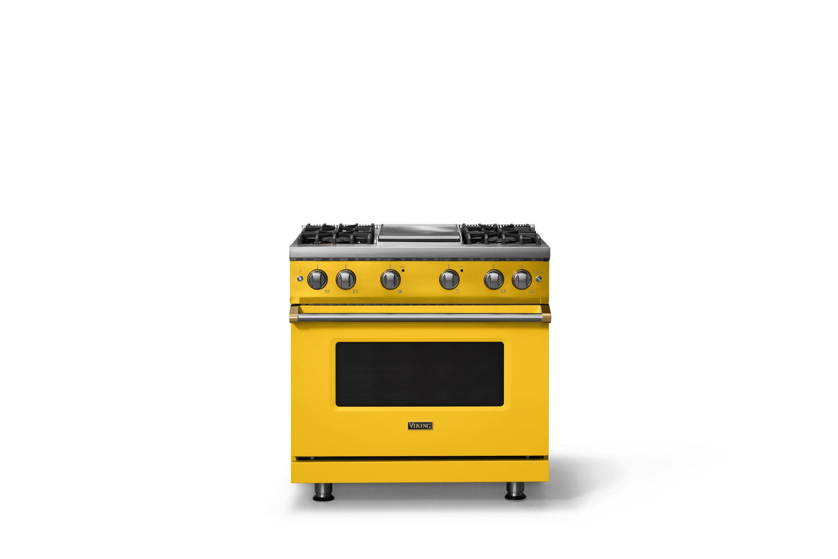 36"W. Sealed Burner Gas Range (Burner: 4g, Finish: Daffodil, Trim: Brushed Brass, Fuel: Natural Gas)