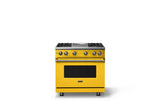 36"W. Sealed Burner Gas Range (Burner: 4g, Finish: Daffodil, Trim: Brushed Brass, Fuel: Natural Gas)
