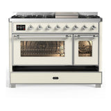 ILVE UM48FNR3AWC Majestic III 48 inch Dual Fuel Range with 8 Burners and Griddle, Dual Function Burner up to 25,000 BTU (Natural Gas, Triple Glass Door, Antique White, Chrome)