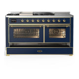 ILVE UM60FSNR3MBG Majestic III 60 inch Dual Fuel Range with 7 Burners, Griddle and French Top, Dual Function Burner with up to 25,000 BTU (Natural Gas, Triple Glass Door, Midnight Blue, Brass)