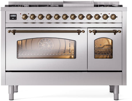 Nostalgie II 48 Inch Dual Fuel Liquid Propane Freestanding Range in Stainless Steel with Bronze Trim