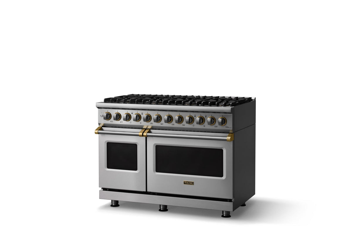 48"W. Dual Fuel Range (Burner: 8b, Finish: Stainless Steel, Trim: Brushed Brass, Fuel: Propane)