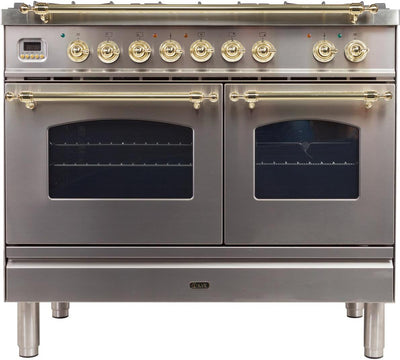 Nostalgie 40 Inch Dual Fuel Liquid Propane Freestanding Range in Stainless Steel with Brass Trim