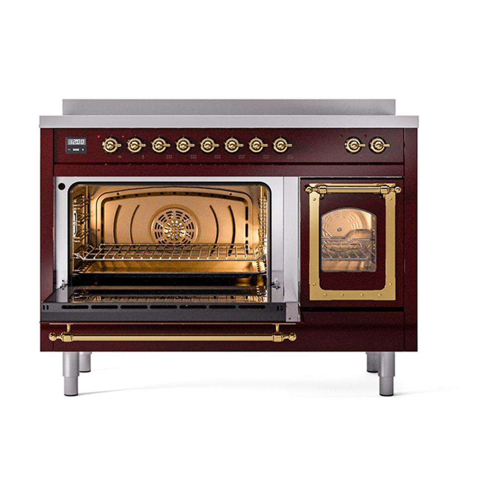 ILVE UNI486NMPBUG Nostalgie II Noblesse 48 inch Induction Range (Triple Glass Door, Burgundy, Brass)