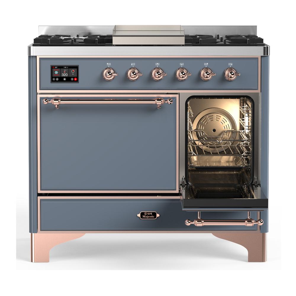 ILVE UMD40FQNR3BGP Majestic III 40 inch Dual Fuel Range with 6 Burners and Griddle, Dual Function Burner up to 25,000 BTU (Natural Gas, Solid Door, Blue Grey, Copper)