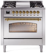 Nostalgie II 36 Inch Dual Fuel Liquid Propane Freestanding Range in Stainless Steel with Brass Trim