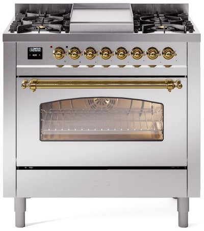 Nostalgie II 36 Inch Dual Fuel Liquid Propane Freestanding Range in Stainless Steel with Brass Trim