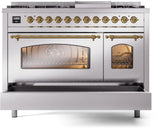 Nostalgie II 48 Inch Dual Fuel Natural Gas Freestanding Range in Stainless Steel with Brass Trim
