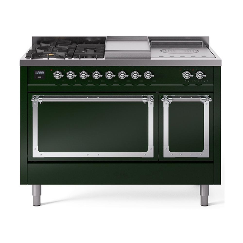 ILVE UN48FSQNMPEGCLP Nostalgie II Noblesse 48 inch Dual Fuel Range (5 Sealed Burners + Griddle + French Top, Liquid Propane, Solid Door, Emerald Green, Chrome)