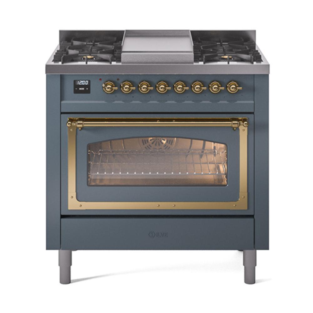 ILVE UN36FNMPBGGLP Nostalgie II Noblesse 36 inch Dual Fuel Range (Liquid Propane, Triple Glass Door, Blue Grey, Brass)