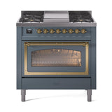 ILVE UN36FNMPBGGLP Nostalgie II Noblesse 36 inch Dual Fuel Range (Liquid Propane, Triple Glass Door, Blue Grey, Brass)