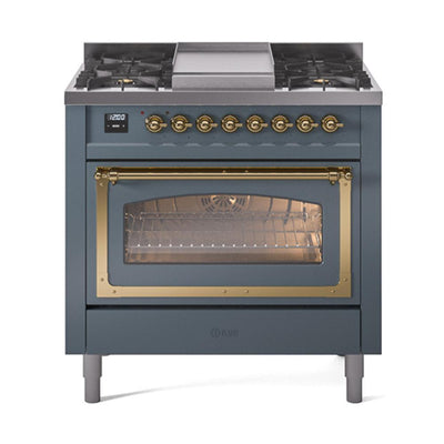 ILVE UN36FNMPBGGLP Nostalgie II Noblesse 36 inch Dual Fuel Range (Liquid Propane, Triple Glass Door, Blue Grey, Brass)