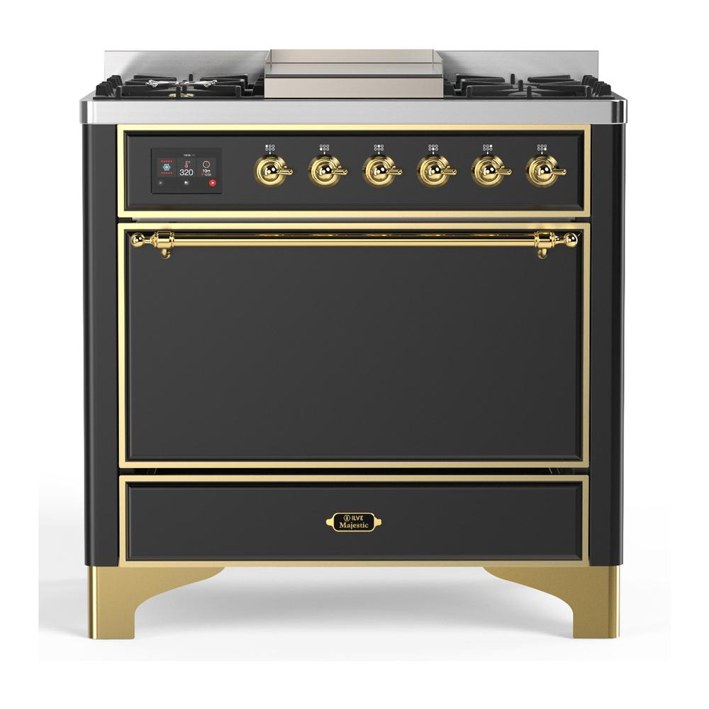 ILVE UM36FQNR3MGG Majestic III 36 inch Dual Fuel Range with 6 Black Brass Burners and Griddle, Dual Function Burner up to 25,000 BTU (Solid Door, Graphite Matte, Brass, Natural Gas)