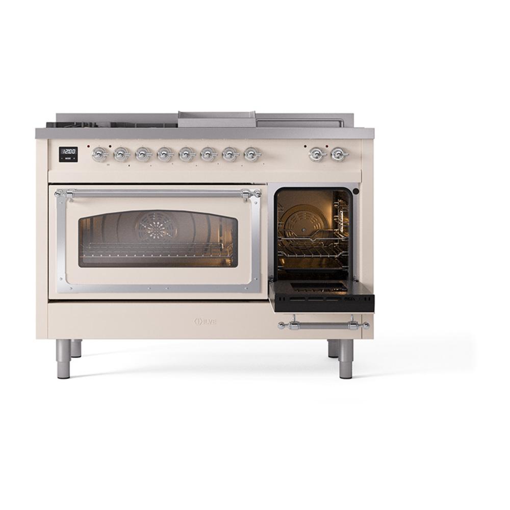 ILVE UN48FSNMPAWC Nostalgie II Noblesse 48 inch Dual Fuel Range (5 Sealed Burners + Griddle + French Top, Natural Gas, Triple Glass Door, Antique White, Chrome)