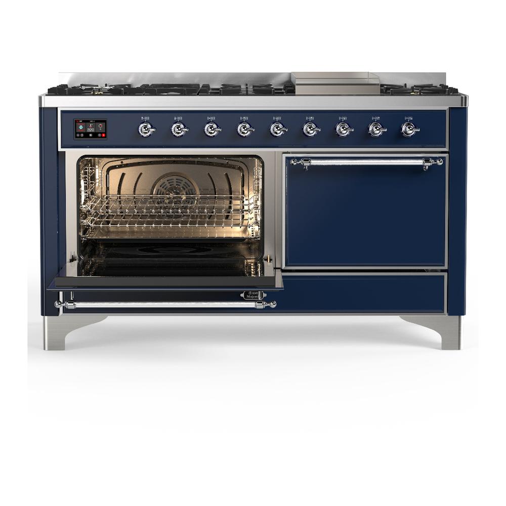 ILVE UM60FQNR3MBCLP Majestic III 60 inch Dual Fuel Range with 9 Burners and Griddle, Dual Function Burner up to 25,000 BTU (Liquid Propane, Solid Door, Midnight Blue, Chrome)
