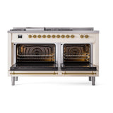 ILVE UN60FSNMPAWG Nostalgie II Noblesse 60 inch Dual Fuel Range (7 Sealed Burners + Griddle + French Top, Natural Gas, Triple Glass Door, Antique White, Brass)