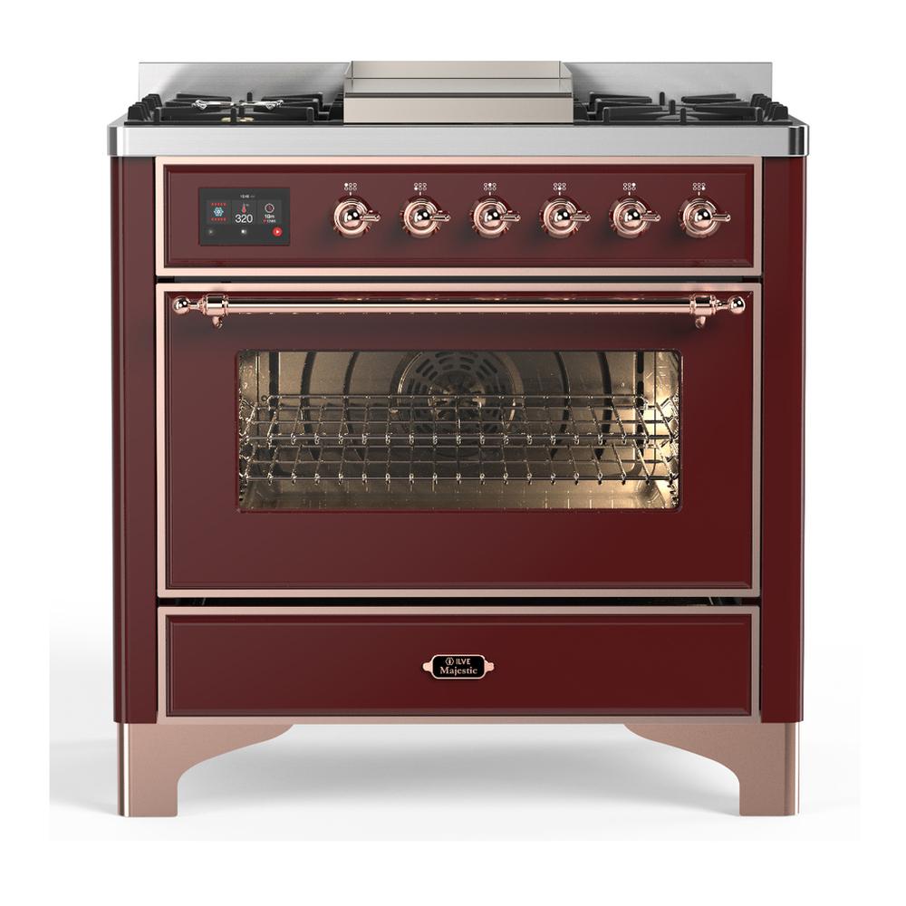 ILVE UM36FNR3BUP Majestic III 36 inch Dual Fuel Range with 6 Black Brass Burners and Griddle, Dual Function Burner up to 25,000 BTU (Triple Glass Door, Burgundy, Copper, Natural Gas)