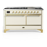ILVE UM60FQNR3AWGLP Majestic III 60 inch Dual Fuel Range with 9 Burners and Griddle, Dual Function Burner up to 25,000 BTU (Liquid Propane, Solid Door, Antique White, Brass)