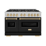 ZLINE Autograph Edition 48 in. 6.7 cu. ft. Classic Double Oven Dual Fuel Range with 8 Burner Gas Cooktop in DuraSnow' Stainless Steel with Black Matte Doors and Polished Gold Accents (CDRSZ-BLM-48-G)