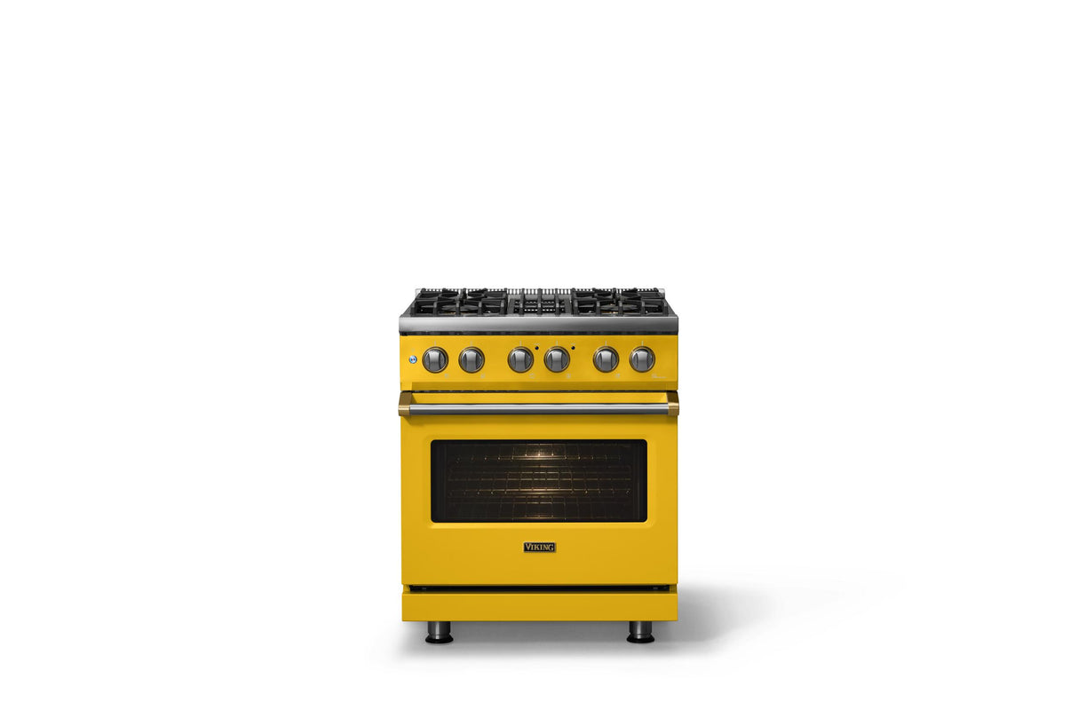 30"W. Dual Fuel Range (Finish: Daffodil, Trim: Brushed Brass, Fuel: Propane)