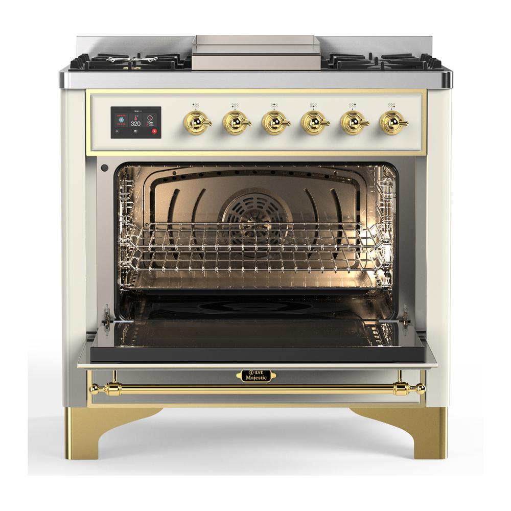 ILVE UM36FQNR3AWGLP Majestic III 36 inch Dual Fuel Range with 6 Black Brass Burners and Griddle, Dual Function Burner up to 25,000 BTU (Solid Door, Antique White, Brass, Liquid Propane)
