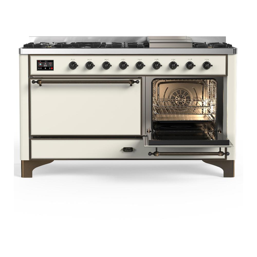 ILVE UM60FQNR3AWB Majestic III 60 inch Dual Fuel Range with 9 Burners and Griddle, Dual Function Burner up to 25,000 BTU (Natural Gas, Solid Door, Antique White, Burnished)