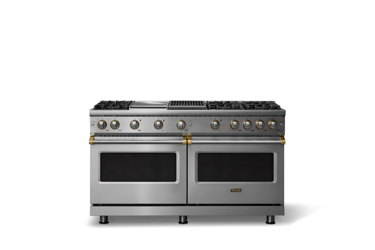 60"W. Sealed Burner Gas Range (Finish: Stainless Steel, Trim: Brushed Brass, Fuel: Propane)