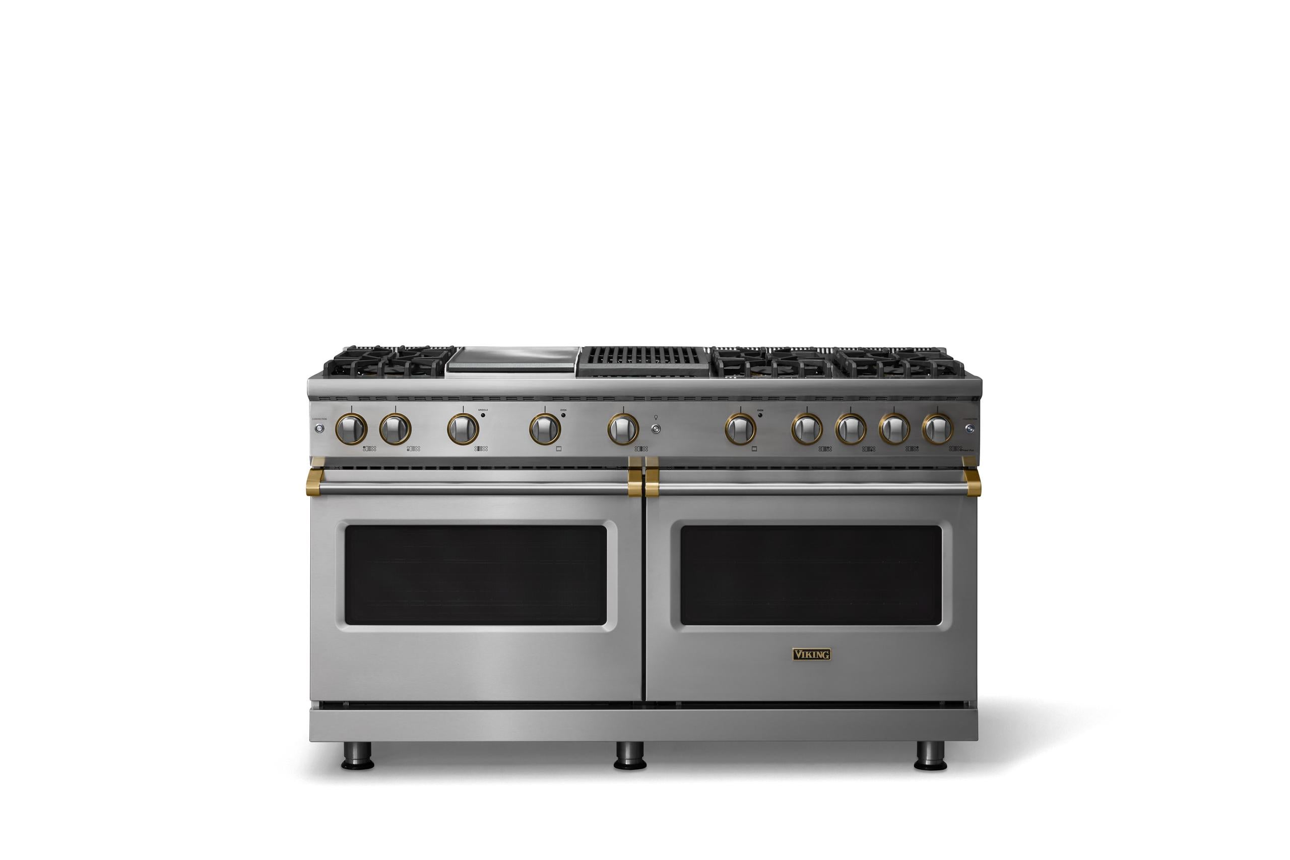 60"W. Sealed Burner Gas Range (Finish: Stainless Steel, Trim: Brushed Brass, Fuel: Propane)