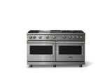 60"W. Sealed Burner Gas Range (Finish: Stainless Steel, Trim: Brushed Brass, Fuel: Natural Gas)