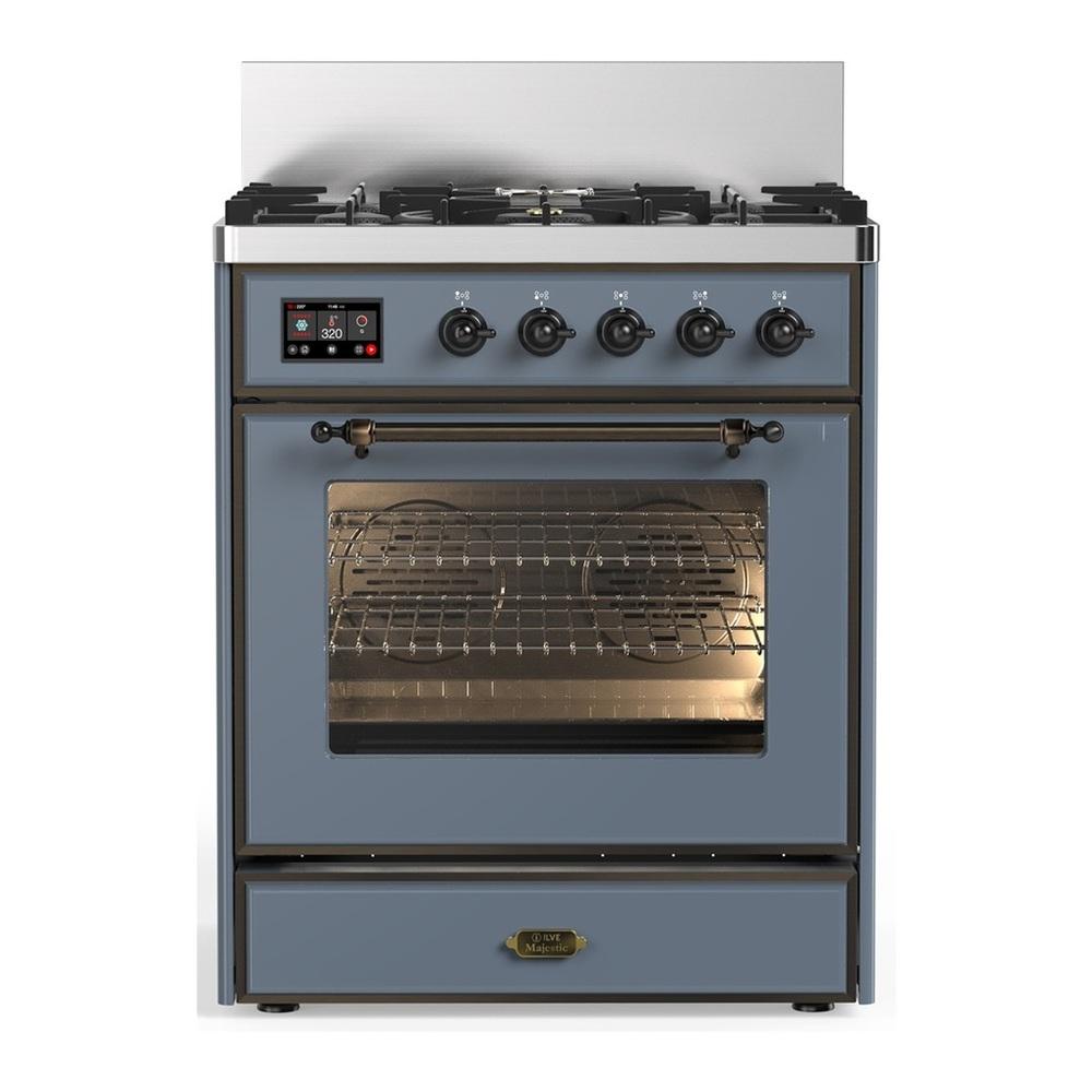 ILVE UM30NR3BGBLP Majestic III 30 inch Dual Fuel Range with 5 Black Brass Burners, Dual Function Burner up to 25,000 BTU (Liquid Propane, Triple Glass Door, Blue Grey, Burnished)