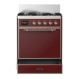 ILVE UM30QNR3BUPLP Majestic III 30 inch Dual Fuel Range with 5 Black Brass Burners, Dual Function Burner up to 25,000 BTU (Liquid Propane, Solid Door, Burgundy, Copper)