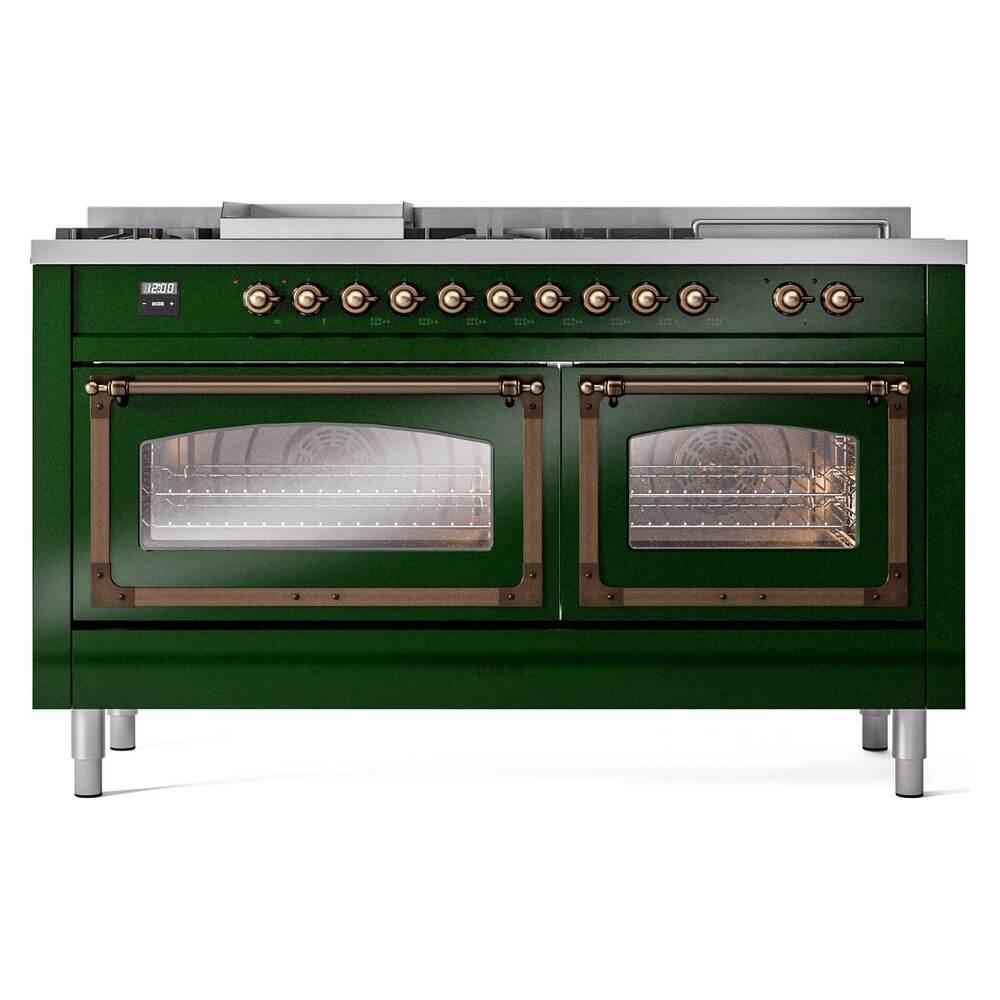 ILVE UN60FSNMPEGBLP Nostalgie II Noblesse 60 inch Dual Fuel Range (7 Sealed Burners + Griddle + French Top, Liquid Propane, Triple Glass Door, Emerald Green, Burnished)