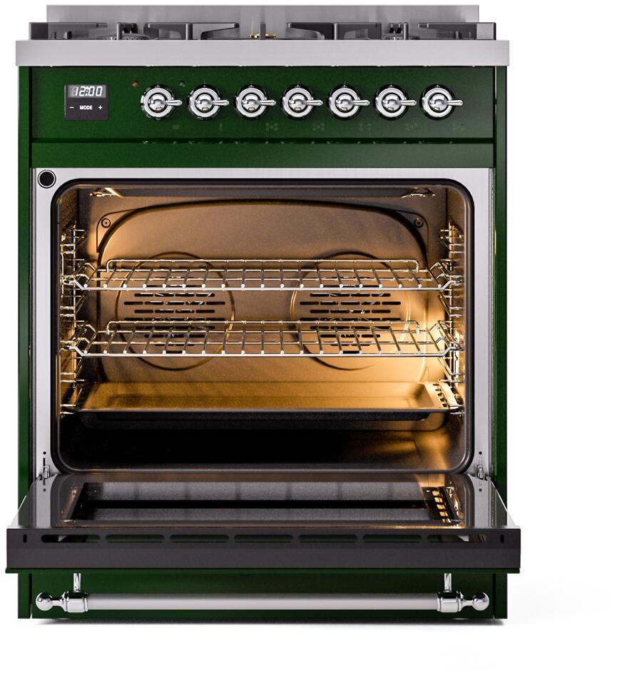 Nostalgie II 30 Inch Dual Fuel Natural Gas Freestanding Range in Emerald Green with Chrome Trim