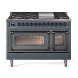 ILVE UN48FNMPBGBLP Nostalgie II Noblesse 48 inch Dual Fuel Range (8 Sealed Burners + Griddle, Liquid Propane, Triple Glass Door, Blue Grey, Burnished)