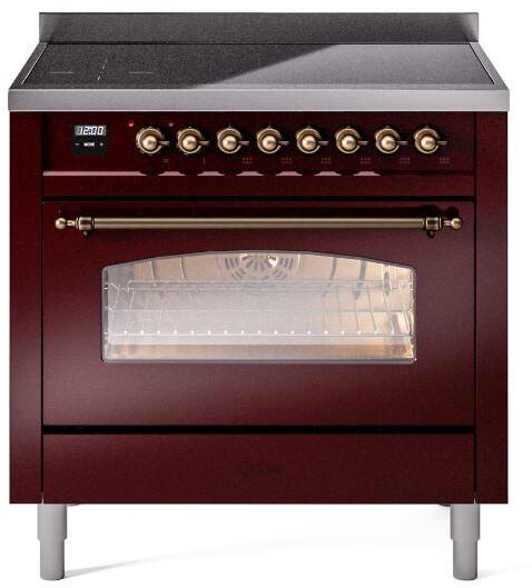 Nostalgie II 36 Inch Electric Freestanding Range in Burgundy with Bronze Trim