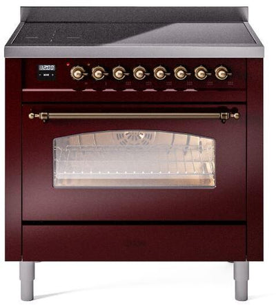 Nostalgie II 36 Inch Electric Freestanding Range in Burgundy with Bronze Trim