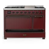 ILVE UM48FQNR3BUB Majestic III 48 inch Dual Fuel Range with 8 Burners and Griddle, Dual Function Burner up to 25,000 BTU (Natural Gas, Solid Door, Burgundy, Burnished)