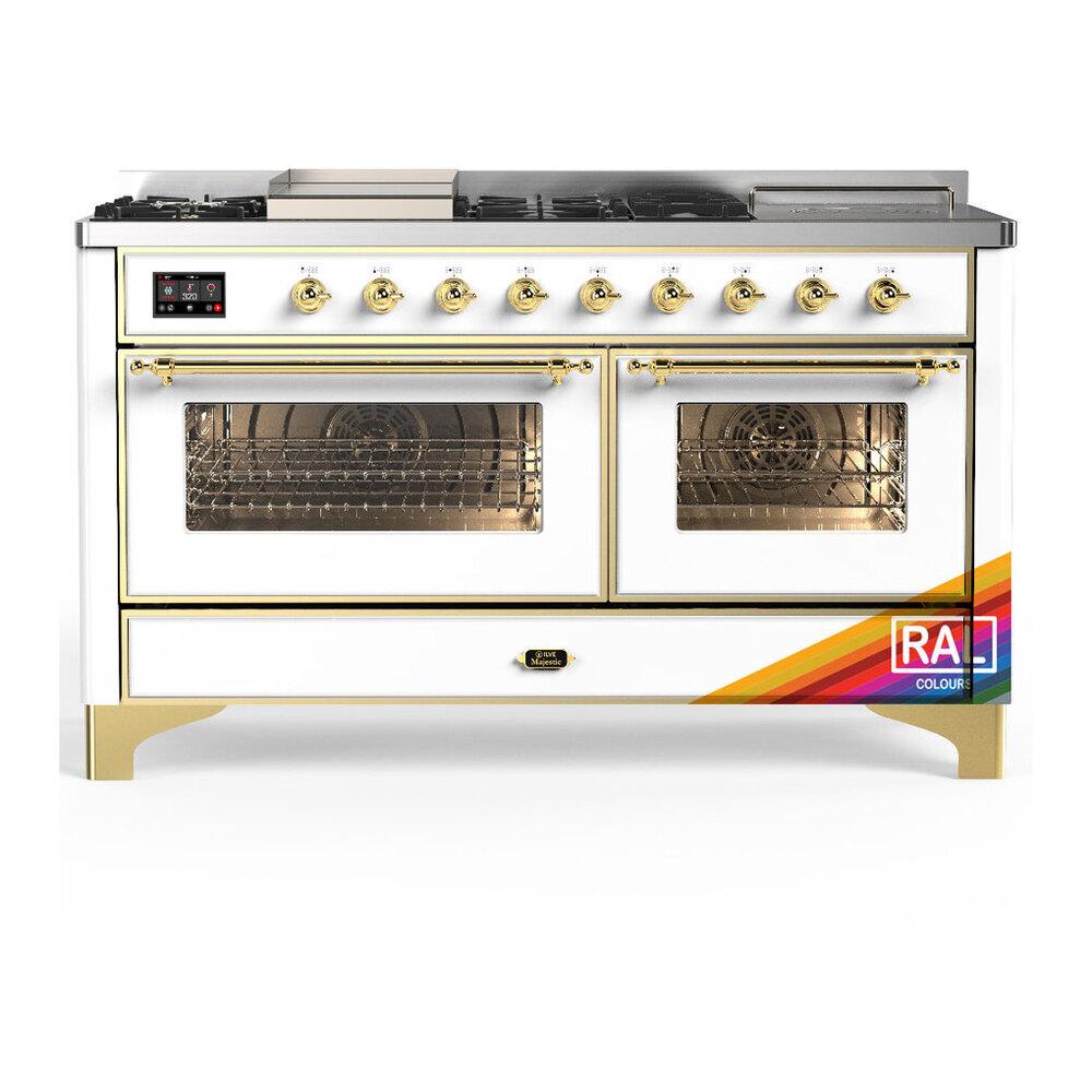 ILVE UM60FSNR3RAGLP Majestic III 60 inch Dual Fuel Range with 7 Burners, Griddle and French Top, Dual Function Burner with up to 25,000 BTU (Liquid Propane, Triple Glass Door, RAL, Brass)