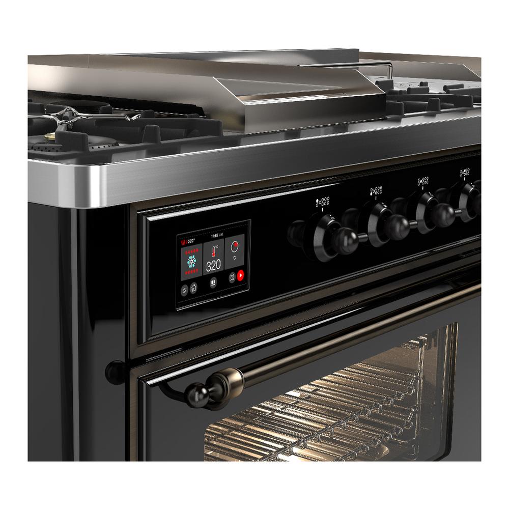 ILVE UM60FSNR3BKBLP Majestic III 60 inch Dual Fuel Range with 7 Burners, Griddle and French Top, Dual Function Burner with up to 25,000 BTU (Liquid Propane, Triple Glass Door, Glossy Black, Burnished)