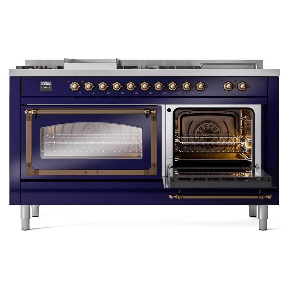 ILVE UN60FSNMPMBBLP Nostalgie II Noblesse 60 inch Dual Fuel Range (7 Sealed Burners + Griddle + French Top, Liquid Propane, Triple Glass Door, Midnight Blue, Burnished)