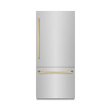 ZLINE Autograph Edition 36 in. 19.8 cu. ft. Built-In Bottom Freezer Refrigerator with Water Dispenser and Ice Maker in Stainless Steel with Graphite Gray Interior and Polished Gold Accents (GRBITZ-304-36G)