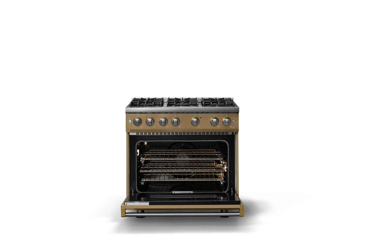 36"W. Sealed Burner Gas Range (Burner: 6b, Finish: Golden Hour, Trim: Brushed Brass, Fuel: Natural Gas)