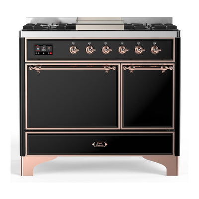 ILVE UMD40FQNR3BKP Majestic III 40 inch Dual Fuel Range with 6 Burners and Griddle, Dual Function Burner up to 25,000 BTU (Natural Gas, Solid Door, Glossy Black, Copper)