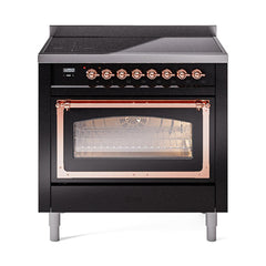 ILVE UNI366NMPBKP Nostalgie II Noblesse 36 inch Induction Range (Triple Glass Door, Glossy Black, Copper)