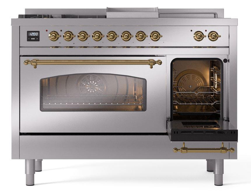Nostalgie II 48 Inch Dual Fuel Natural Gas Freestanding Range in Stainless Steel with Brass Trim