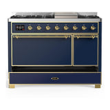 ILVE UM48FQNR3MBG Majestic III 48 inch Dual Fuel Range with 8 Burners and Griddle, Dual Function Burner up to 25,000 BTU (Natural Gas, Solid Door, Midnight Blue, Brass)