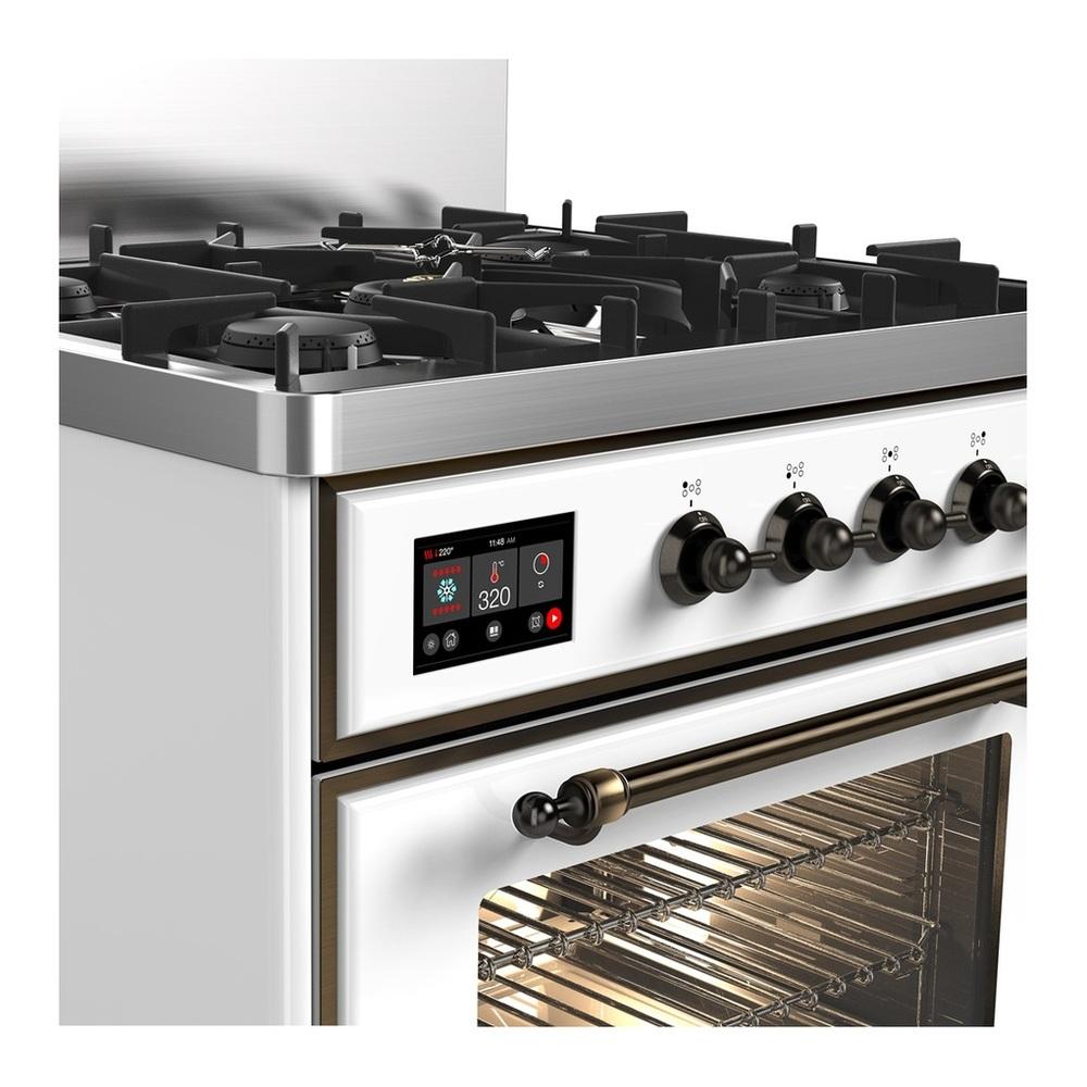 ILVE UM30NR3WHB Majestic III 30 inch Dual Fuel Range with 5 Black Brass Burners, Dual Function Burner up to 25,000 BTU (Natural Gas, Triple Glass Door, White, Burnished)