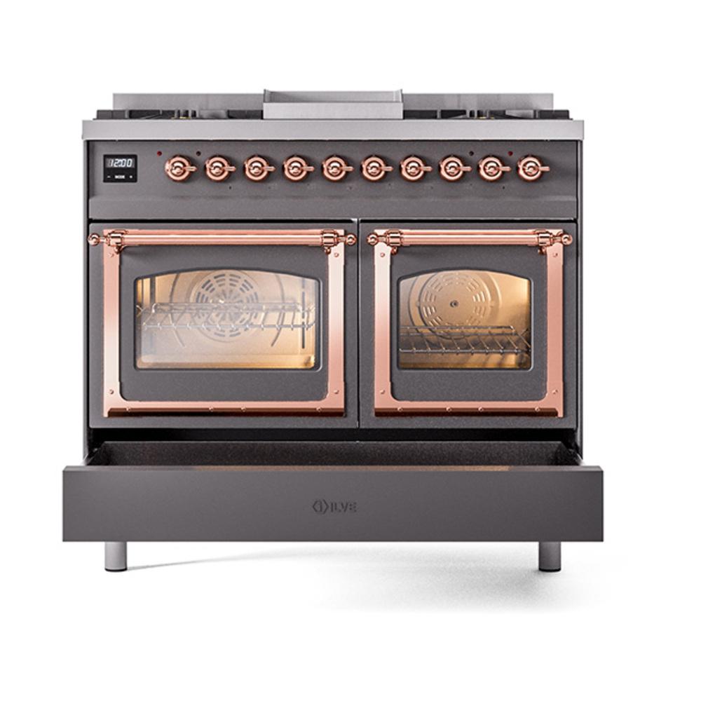ILVE UND40FNMPMGPLP Nostalgie II Noblesse 40 inch Dual Fuel Range (Liquid Propane, Triple Glass Door, Graphite Matte, Copper)